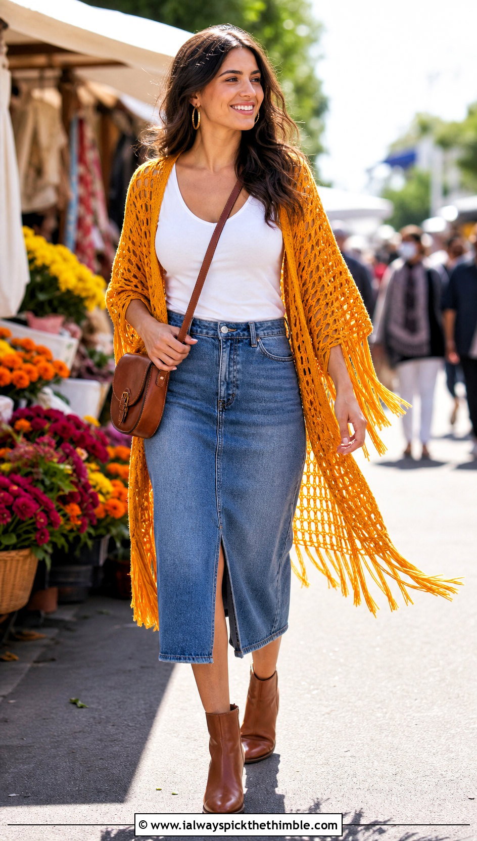Fringe Rectangular Crochet Shawl With Denim Midi Skirt - 20 rectangular crochet shawls outfit ideas