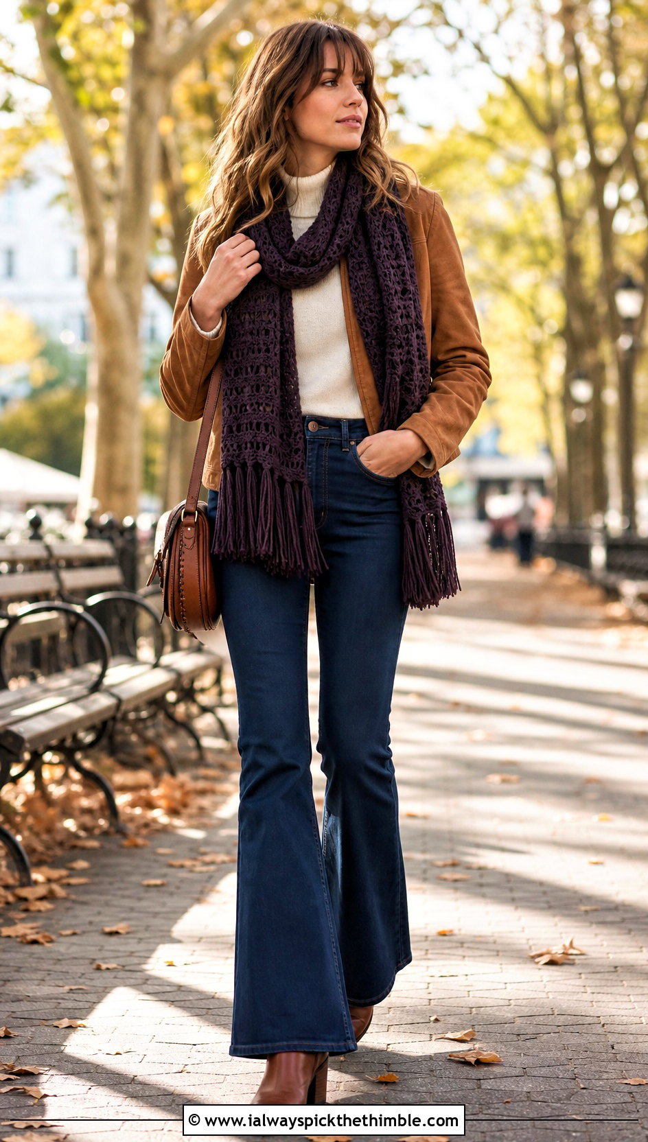 Fringe Roll Up Scarf With Suede Jacket And Flare Jeans - 20 Crochet Roll Up Scarf outfit ideas