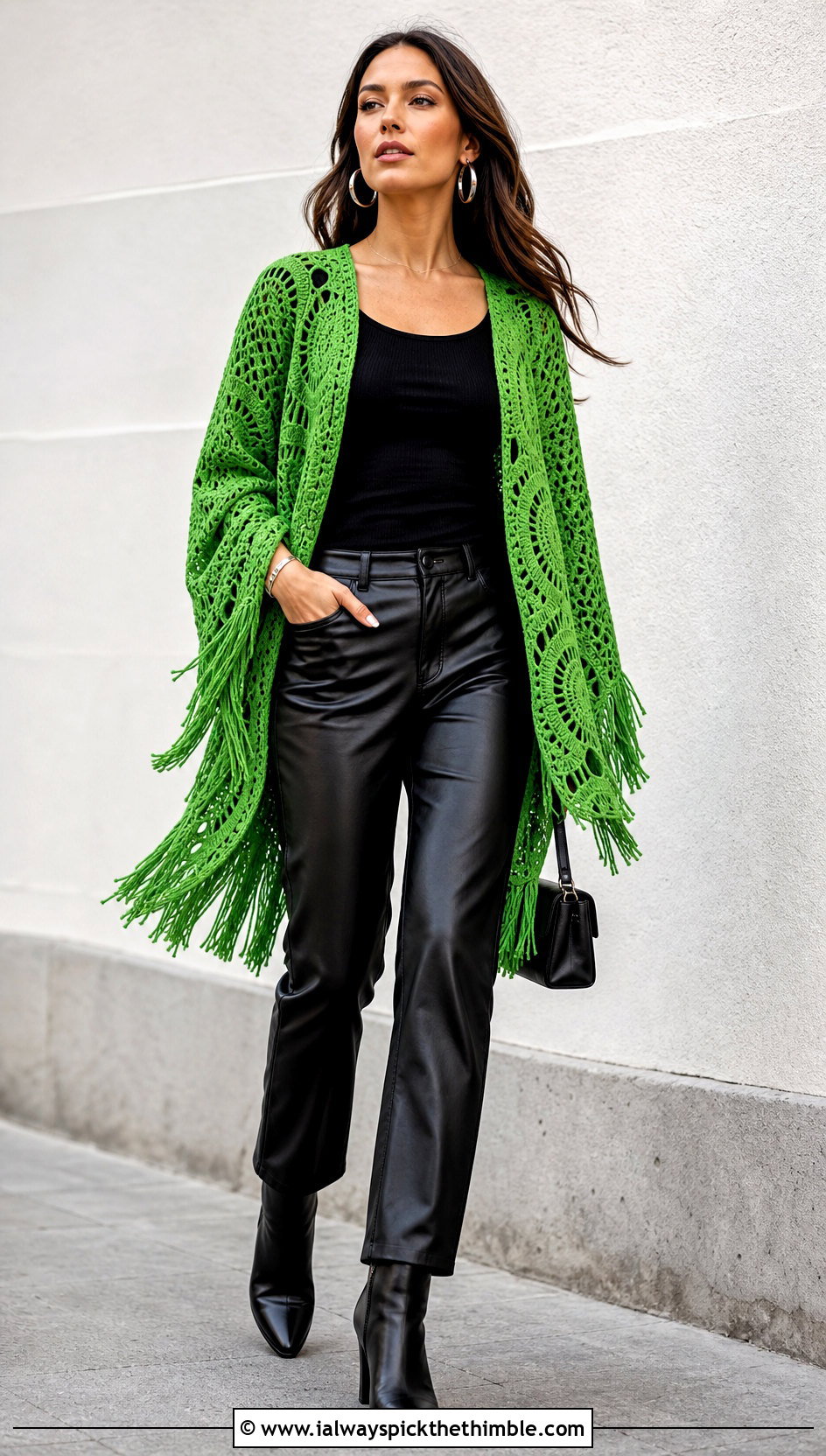 Fringe Round Crochet Cardigan With Leather Pants - 25 round crochet cardigan outfit ideas