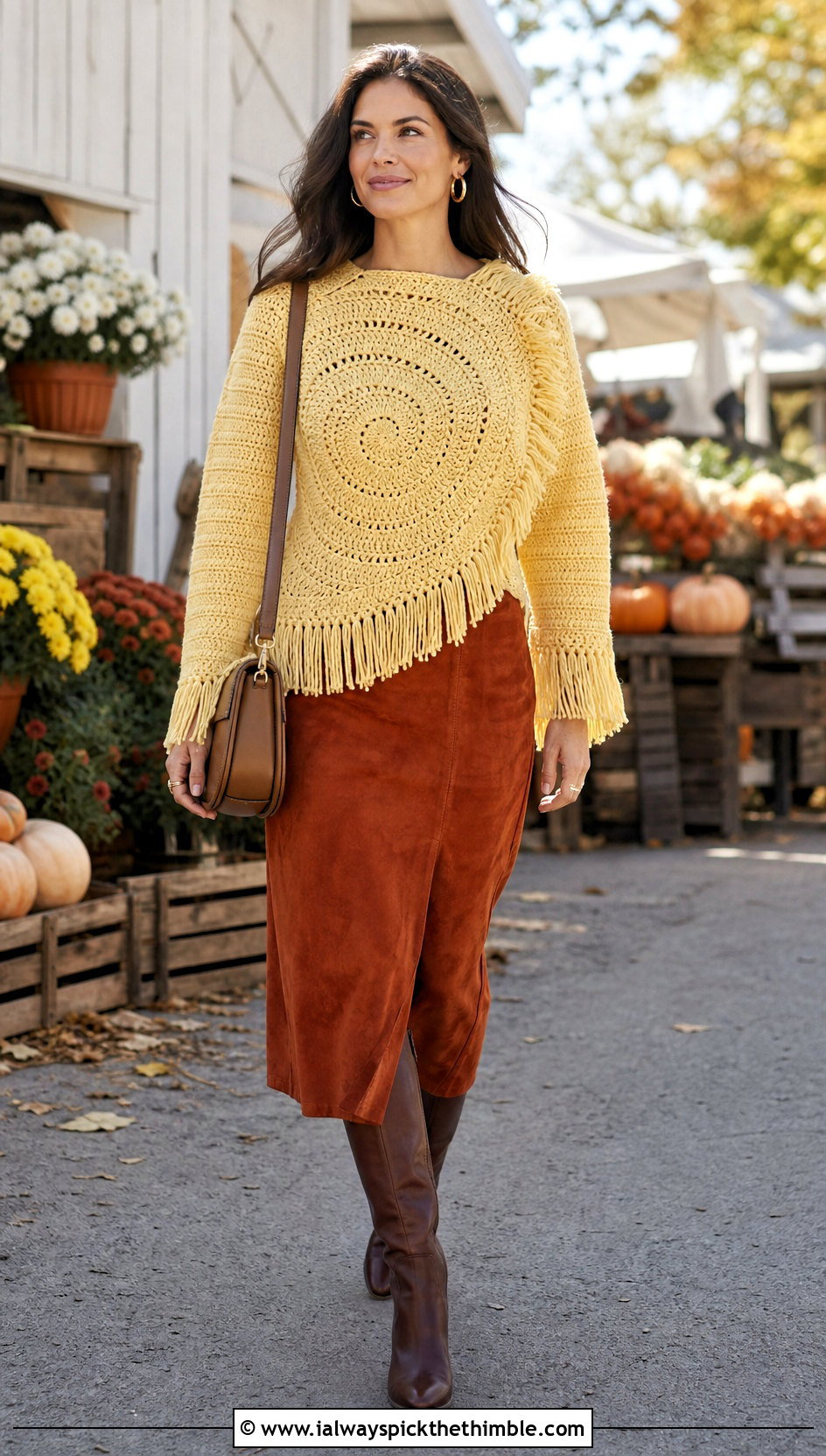 Fringe Spiral Crochet Sweater With Suede Midi Skirt - 25 spiral crochet sweater outfit ideas