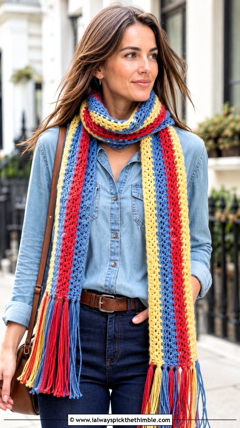 Fringe Striped Crochet Scarf With Double Denim - 20 striped crochet scarf outfit ideas