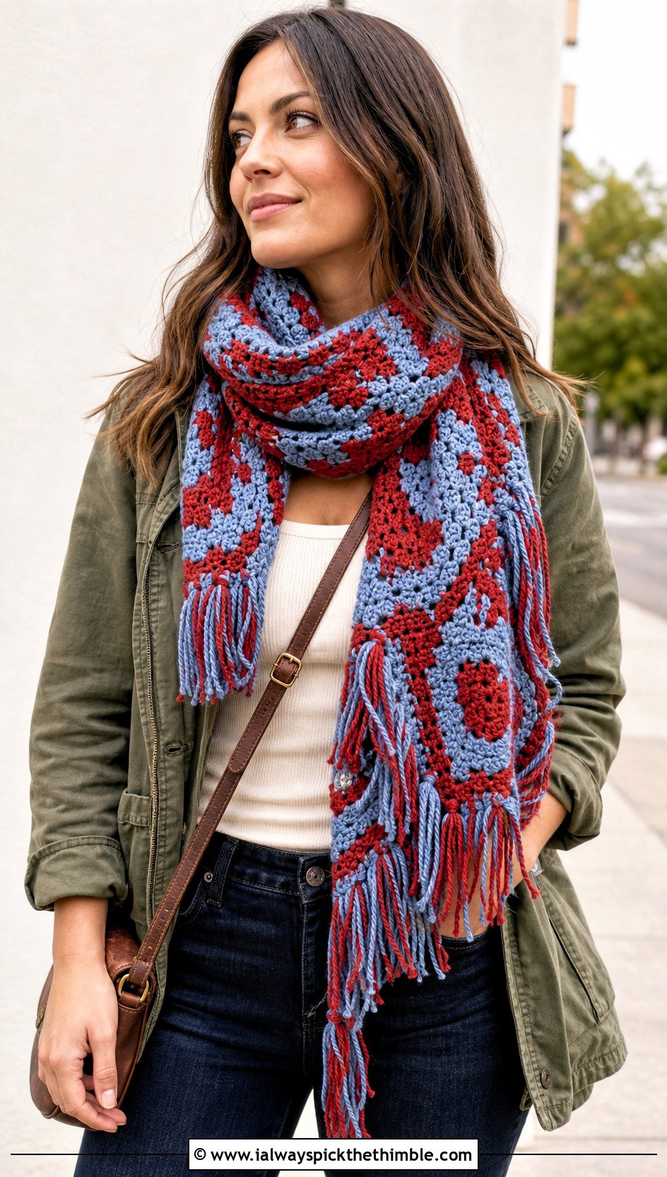 Fringe Tapestry Crochet Scarf With Utility Jacket - 25 tapestry crochet scarf outfit ideas