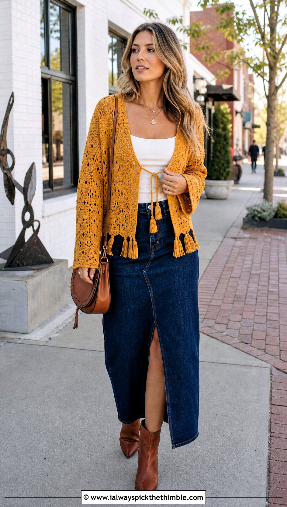 Fringe Tie Crochet Cardigan With Denim Midi Skirt - 25 crochet tie cardigan outfit ideas