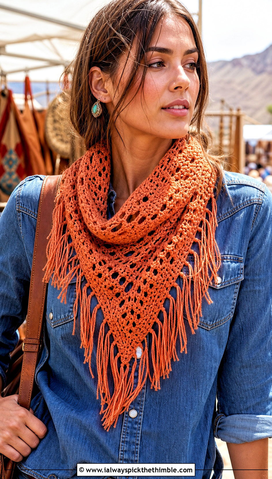 Fringe Triangle Crochet Bandana With Western Denim - 20 Crochet Boho Head Scarf outfit ideas