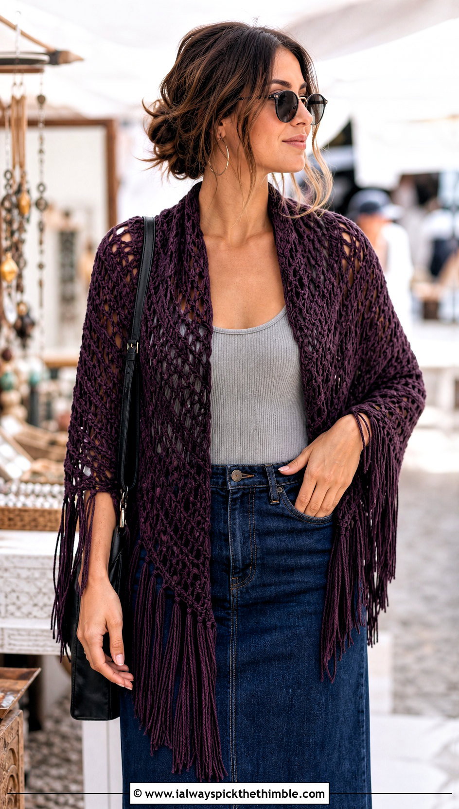 Fringe Triangle Crochet Shawl With Denim Maxi Skirt - 15 Easy Crochet Shawls outfit ideas