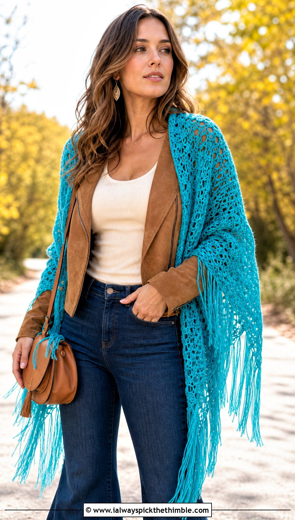 Fringe Triangle Crochet Shawl With Suede Jacket And Flare Jeans - 15 Beginner Triangle Crochet Shawl outfit ideas