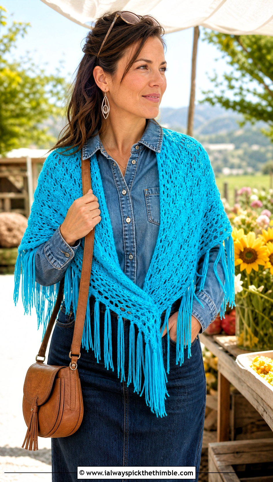 Fringe Triangle Shawl With Denim Shirt - 20 Vintage Crochet Shawl outfit ideas