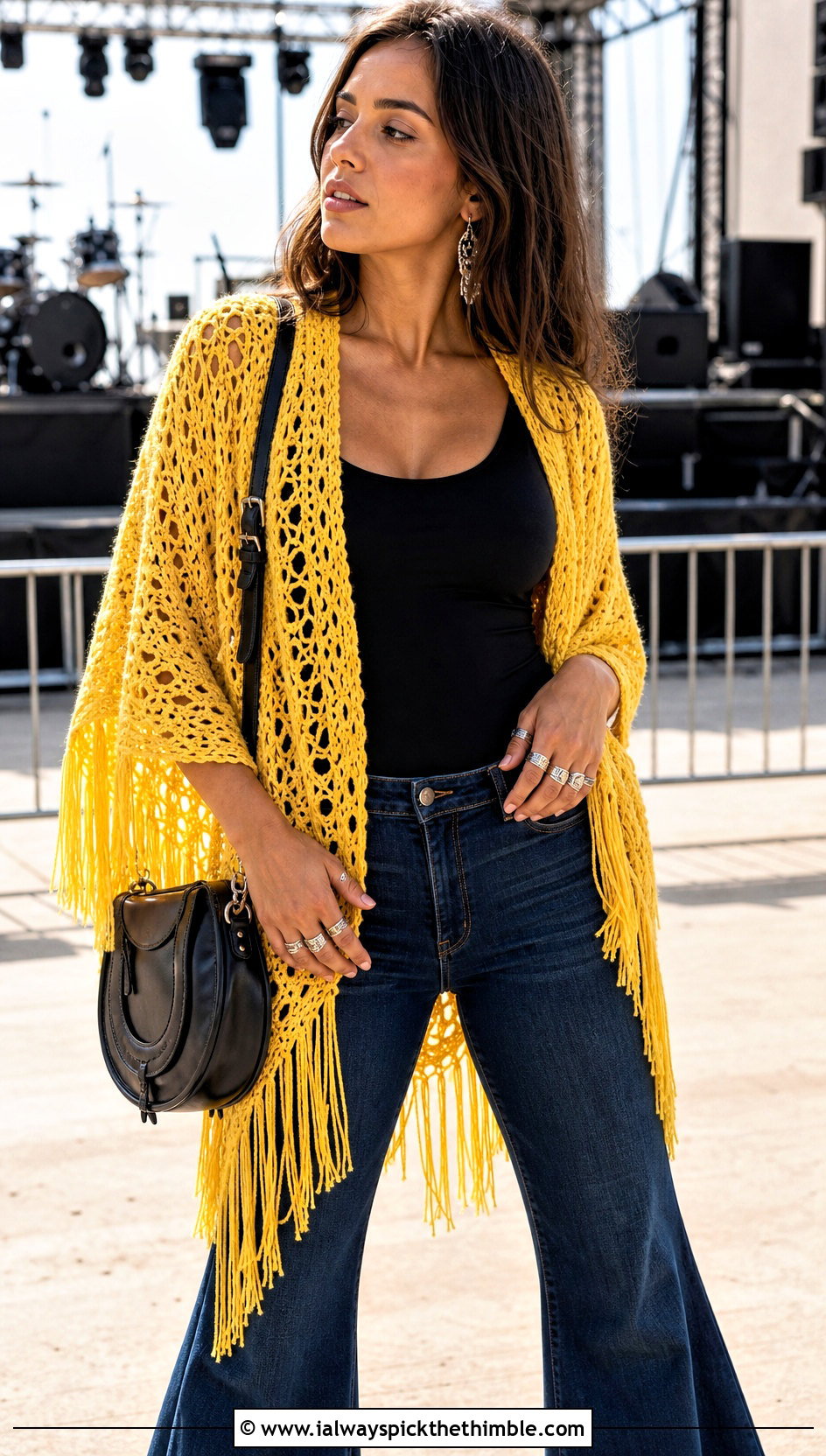 Fringe Triangle Shawl With Flared Jeans - 20 boho crochet shawl outfit ideas