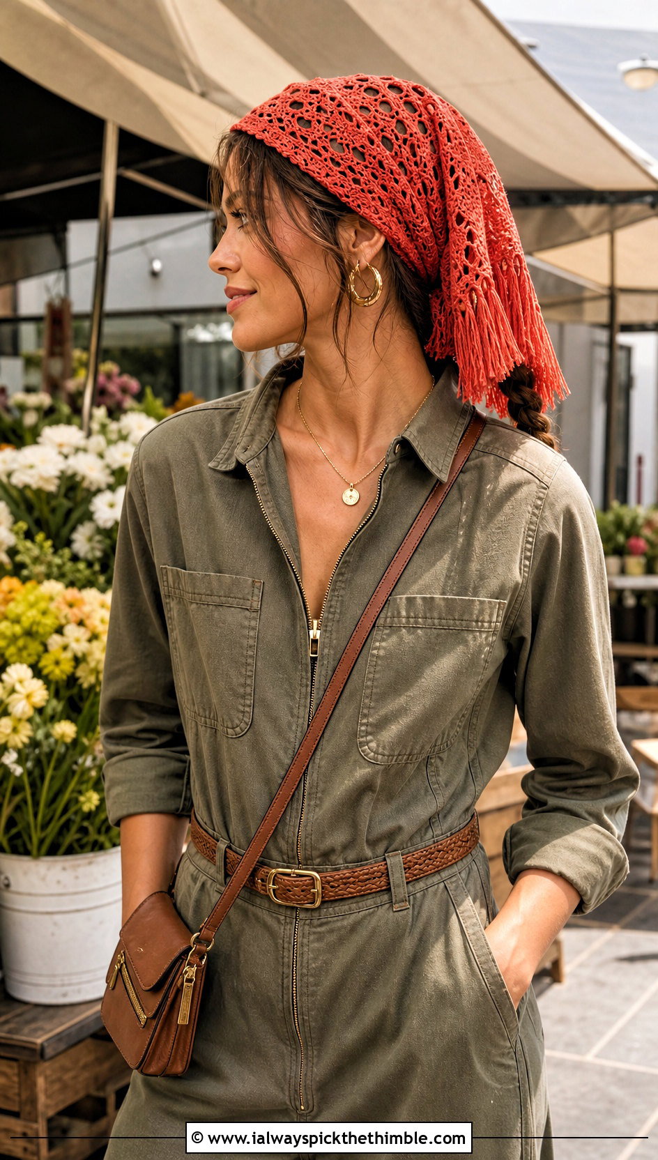 Fringe Trim Crochet Bandana Scarf With Utility Jumpsuit - 25 crochet bandana scarf outfit ideas