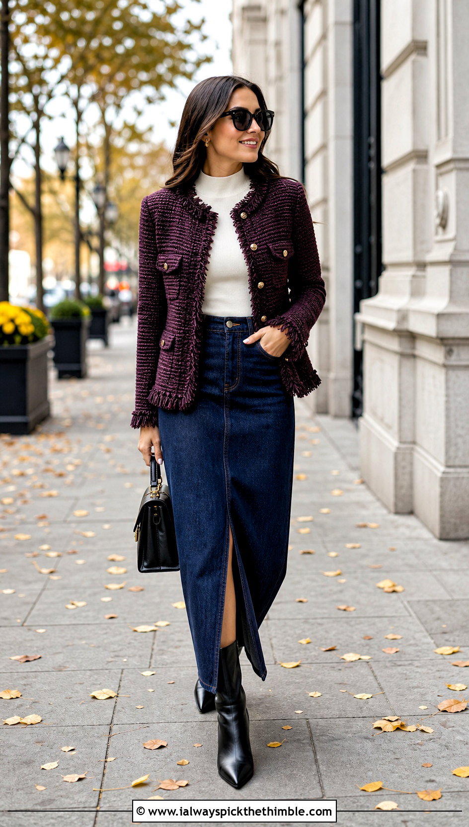 Fringe Trim Crochet Chanel Jacket With Denim Maxi Skirt - 20 crochet chanel jacket outfit ideas