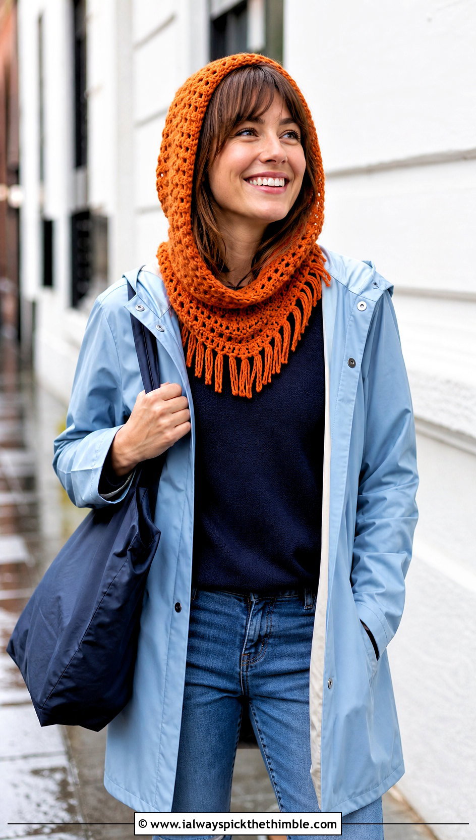 Fringe Trim Crochet Cowl Hood With Raincoat - 20 crochet cowl hood outfit ideas