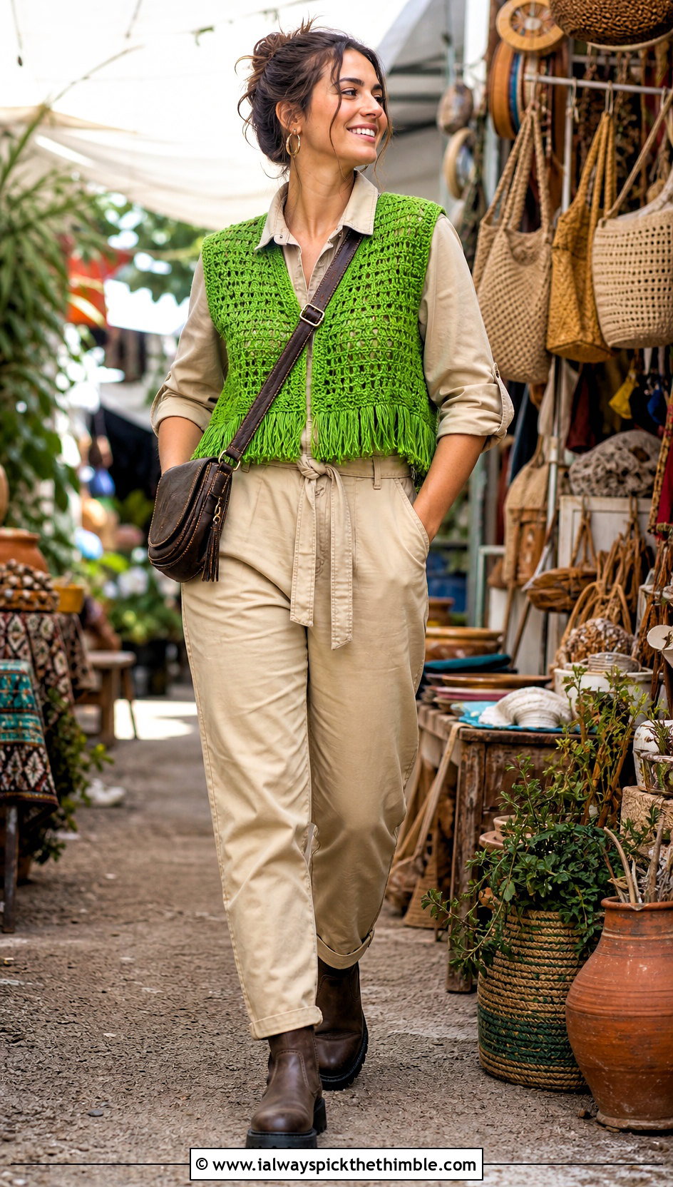 Fringe Trim Crochet Sweater Vest With Utility Jumpsuit - 20 easy crochet sweater vest outfit ideas