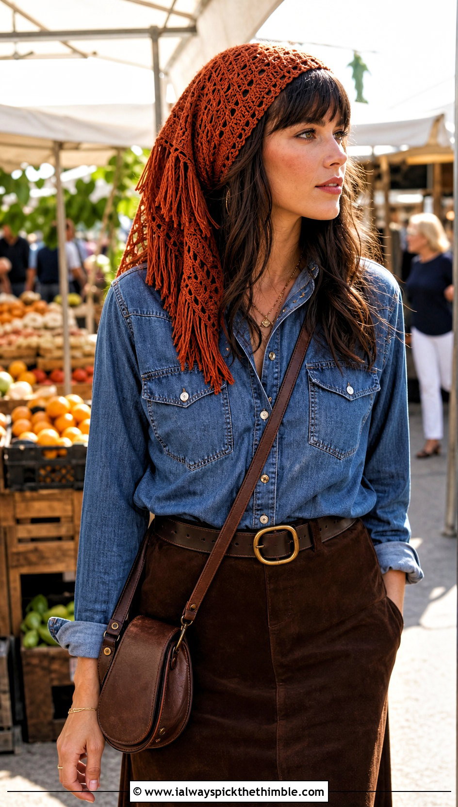 Fringe Trim Crochet Triangle Hair Scarf With Denim Shirt And Suede Skirt - 20 crochet triangle hair scarf outfit ideas
