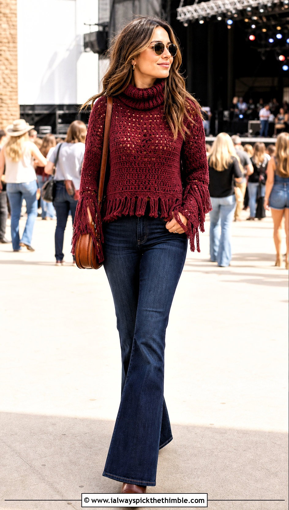 Fringe Trim Crochet Turtleneck Sweater With Flared Jeans - 20 crochet turtleneck sweater outfit ideas