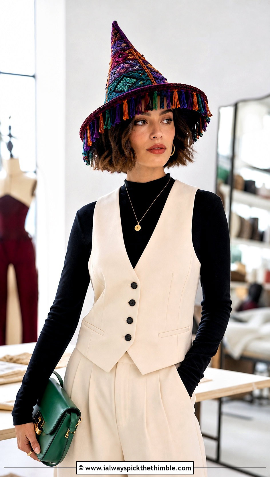 Fringe Trim Crochet Witch Hat With Tailored Vest - 25 crochet witches hat outfit ideas
