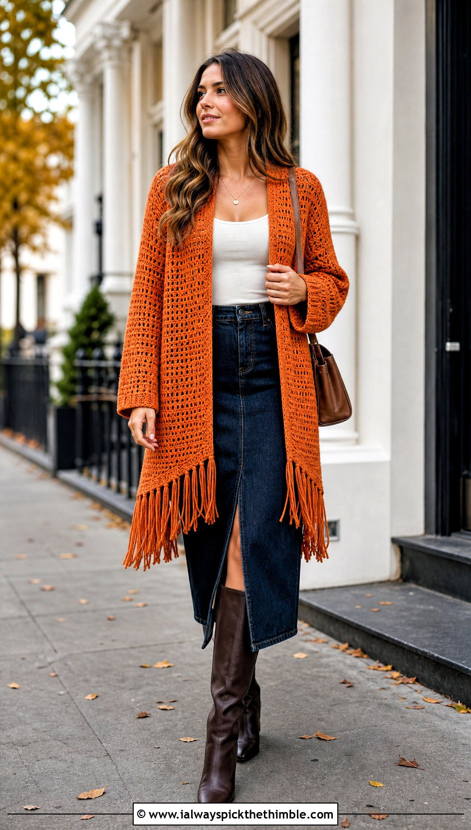 Fringe Trim Crochet Wrap Cardigan With Denim Midi Skirt - 20 wrap crochet cardigan outfit ideas