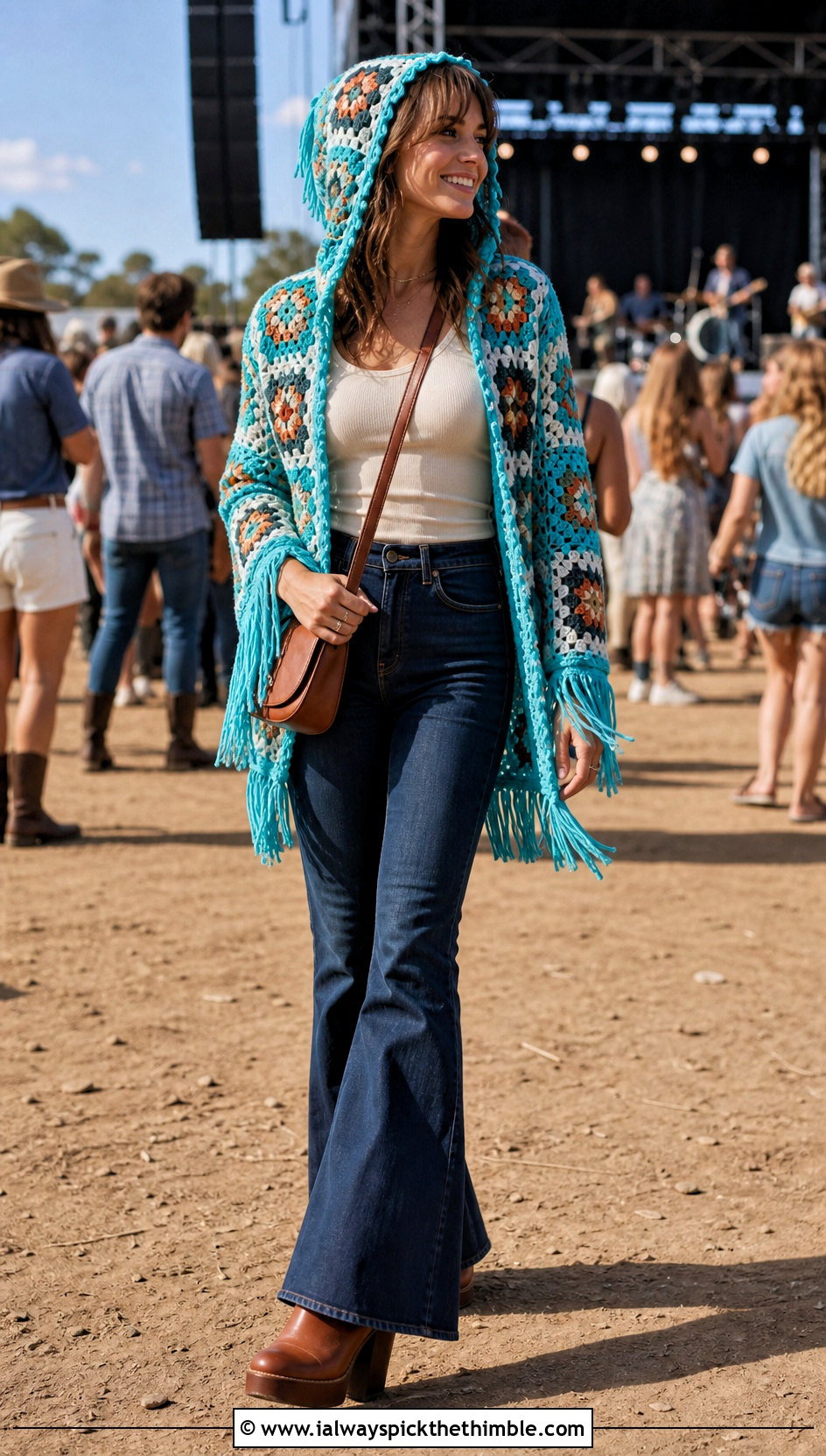 Fringe Trim Granny Square Hooded Jacket With Flared Jeans - 20 Granny Square Hooded Jacket outfit ideas