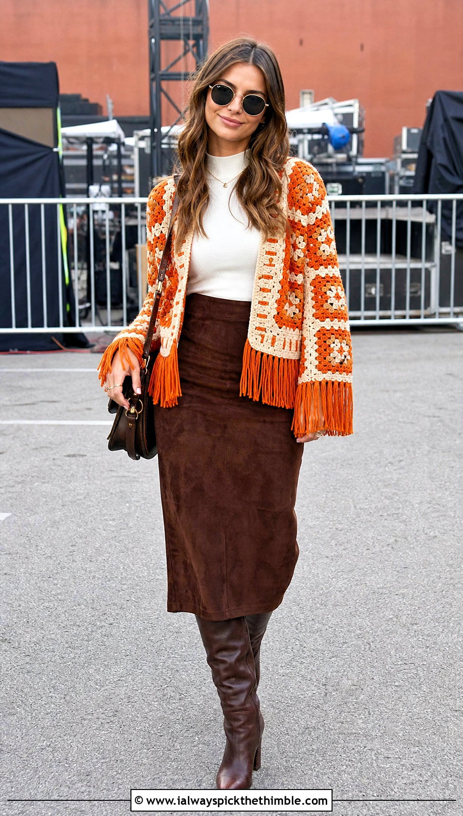 Fringe Trim Granny Square Jacket With Suede Skirt - 25 granny square jacket outfit ideas