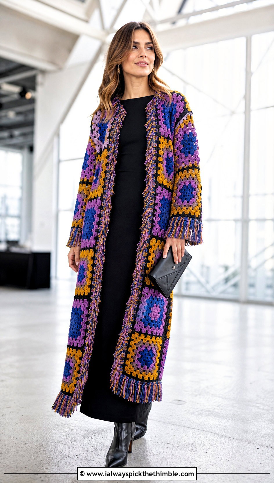 Fringe Trim Granny Square Maxi Coat With Column Dress - 20 crochet granny square coat outfit ideas