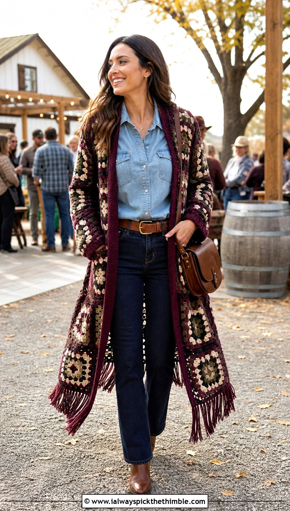 Fringe Trim Granny Square Robe With Double Denim - 20 granny square robe outfit ideas