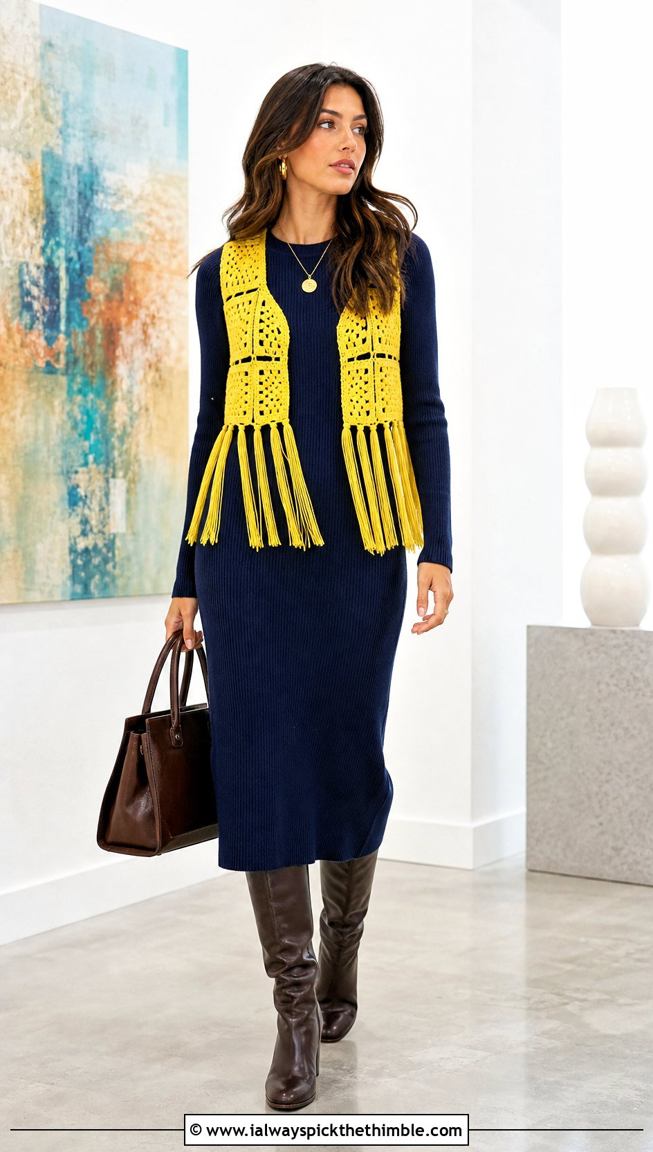 Fringe Trim Granny Square Vest With A Knit Midi Dress - 15 Crochet Granny Square Vest outfit ideas