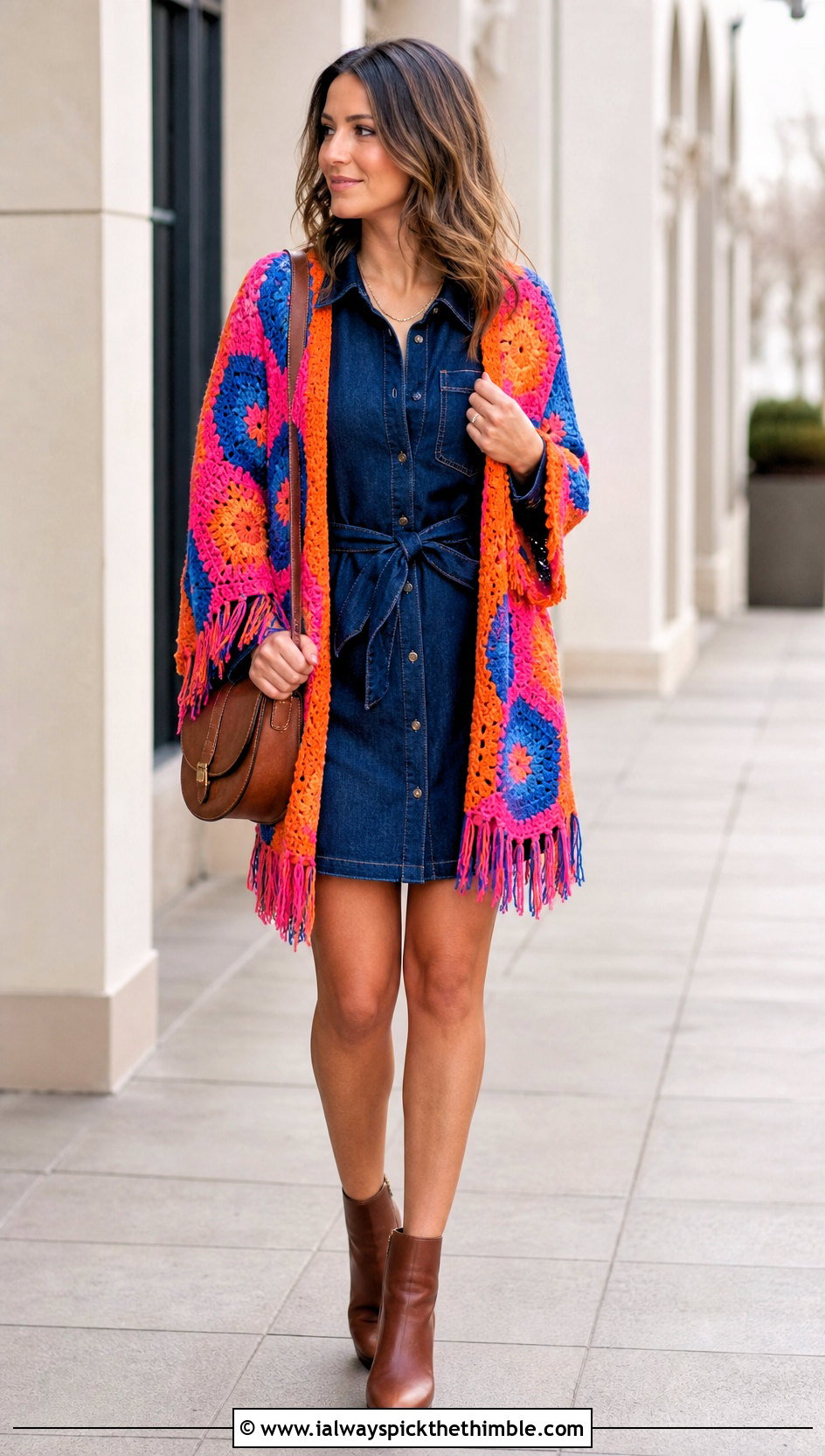 Fringe Trim Hexagon Cardigan With Denim Shirt Dress - 25 crochet hexagon sweater outfit ideas