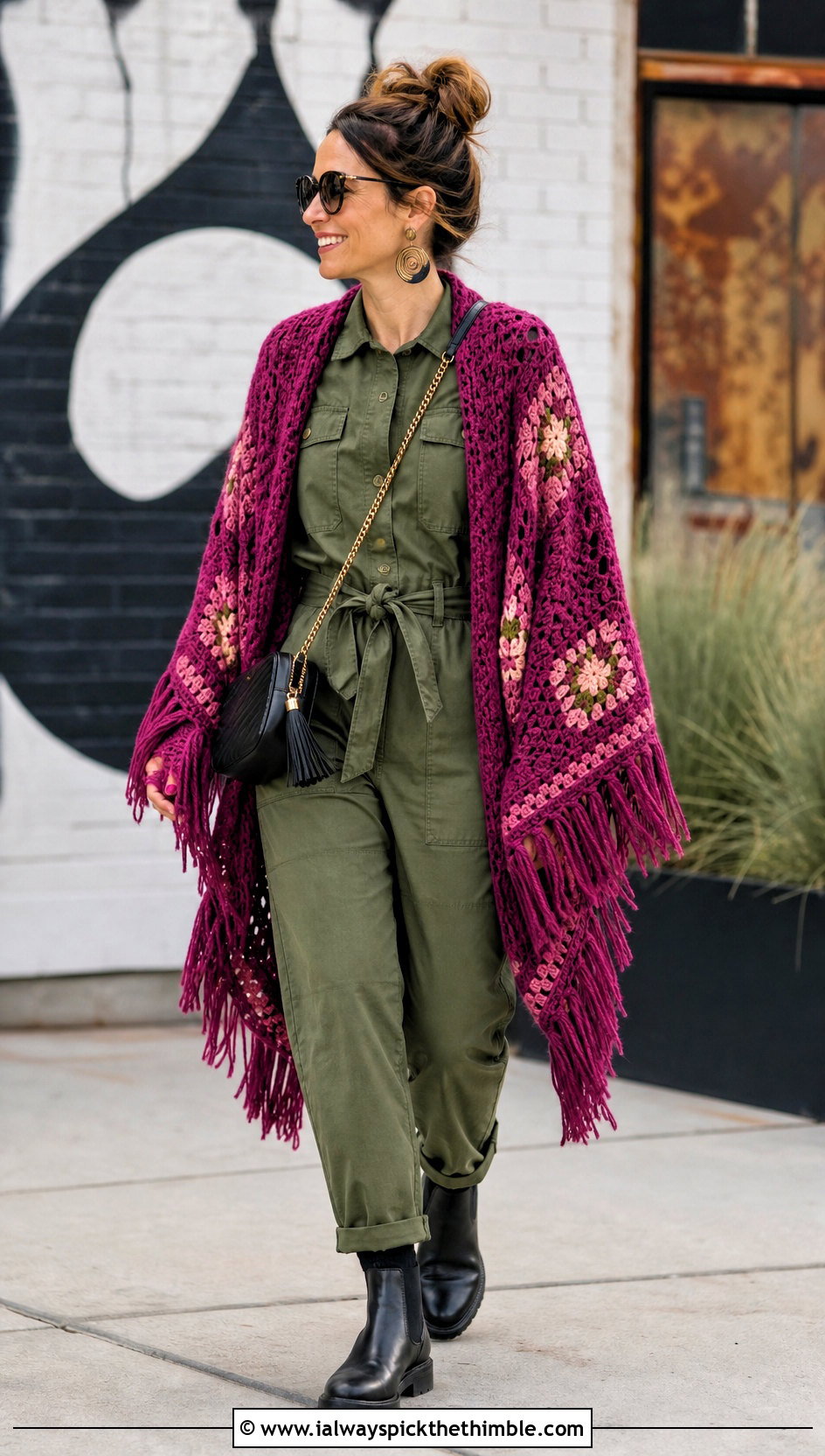 Fringe Trim Hexagon Cardigan With Granny Square Back And Utility Jumpsuit - 20 Hexagon Cardigan With Granny Square Back outfit ideas