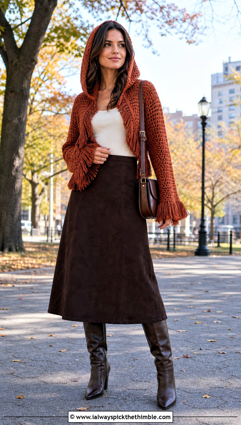 Fringe Trim Hooded Crochet Bolero With Suede Skirt - 20 hooded crochet bolero outfit ideas