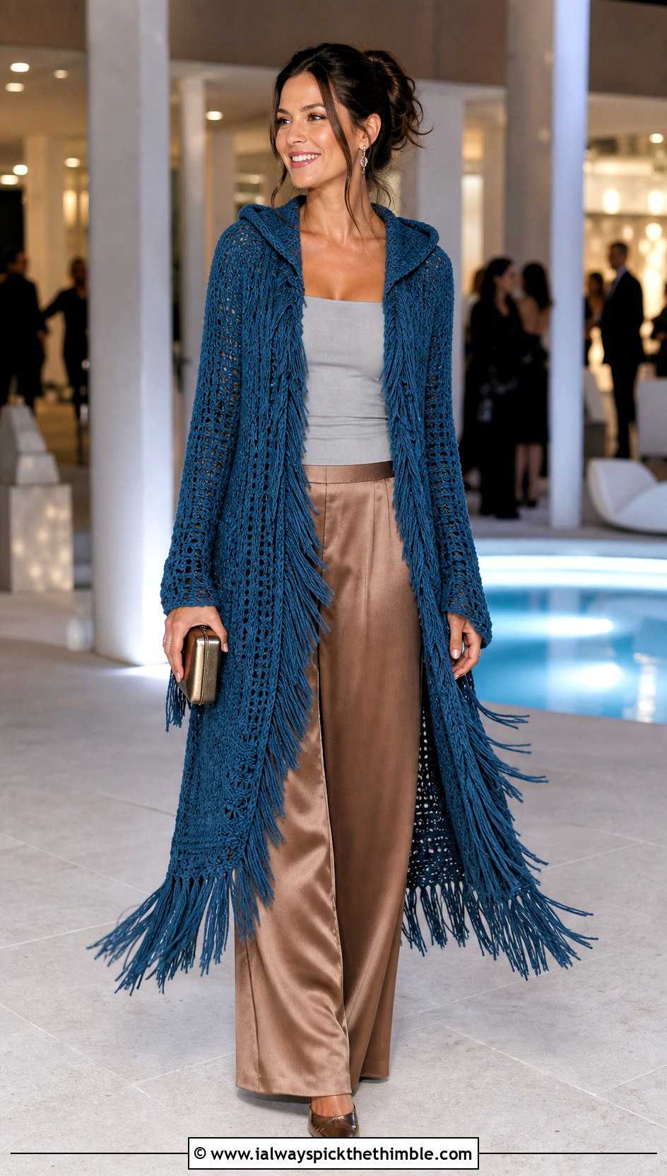 Fringe Trim Hooded Crochet Cardigan With Satin Pants - 25 hooded crochet cardigan outfit ideas