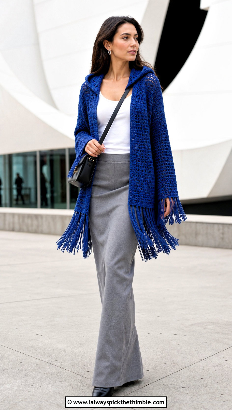 Fringe Trim Hooded Crochet Sweater With Tailored Maxi Skirt - 20 Hooded Crochet Sweater outfit ideas