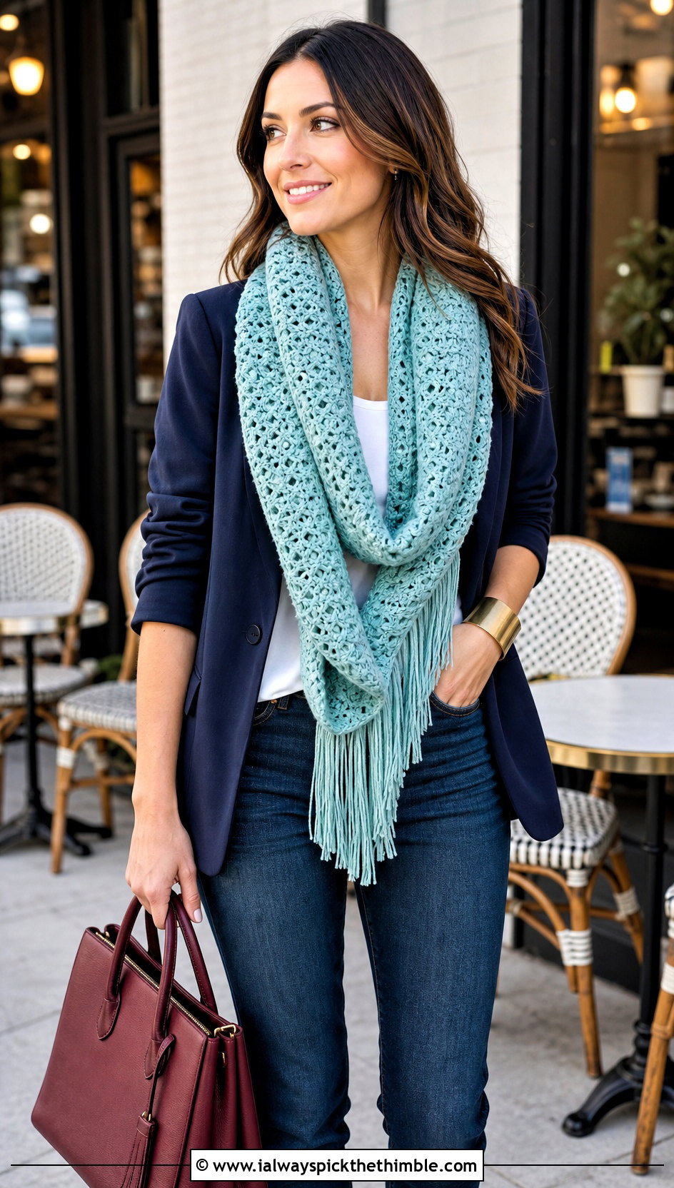Fringe Trim Infinity Crochet Scarf With Blazer and Jeans - 15 Infinity Crochet Scarf outfit ideas
