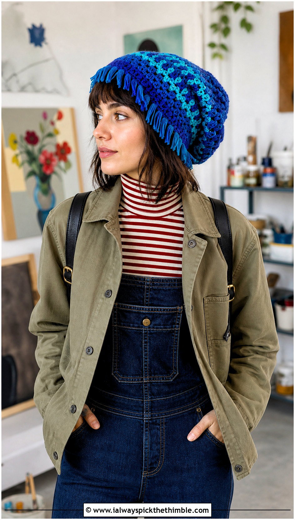 Fringe Trim Slouchy Beanie With Overalls And Chelsea Boots - 25 crochet slouchy beanie outfit ideas