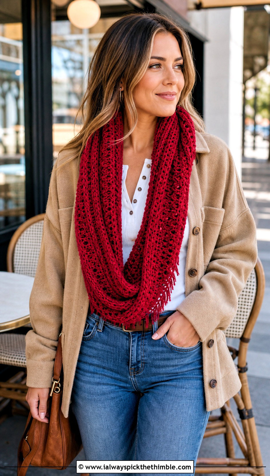 Fringe Trimmed Crochet Infinity Scarf With Shacket - 20 infinite crochet scarf outfit ideas