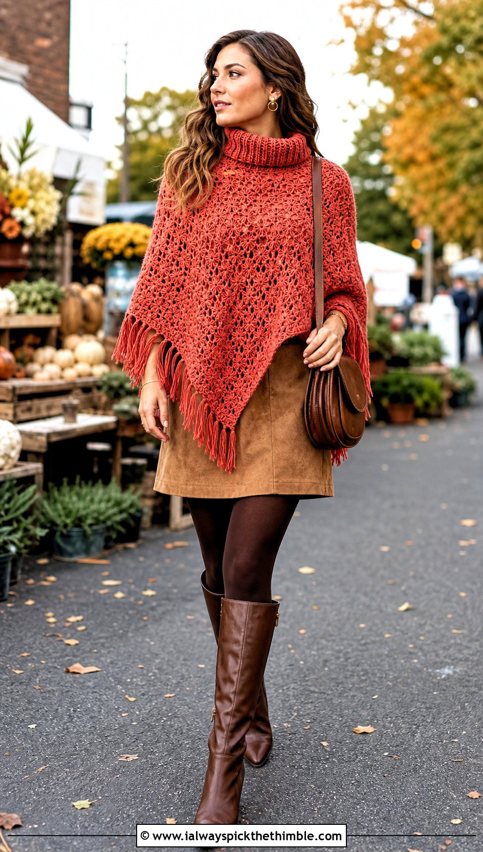 Fringe Turtle Neck Crochet Poncho With Suede Mini Skirt - 20 Turtle Neck Crochet Poncho outfit ideas