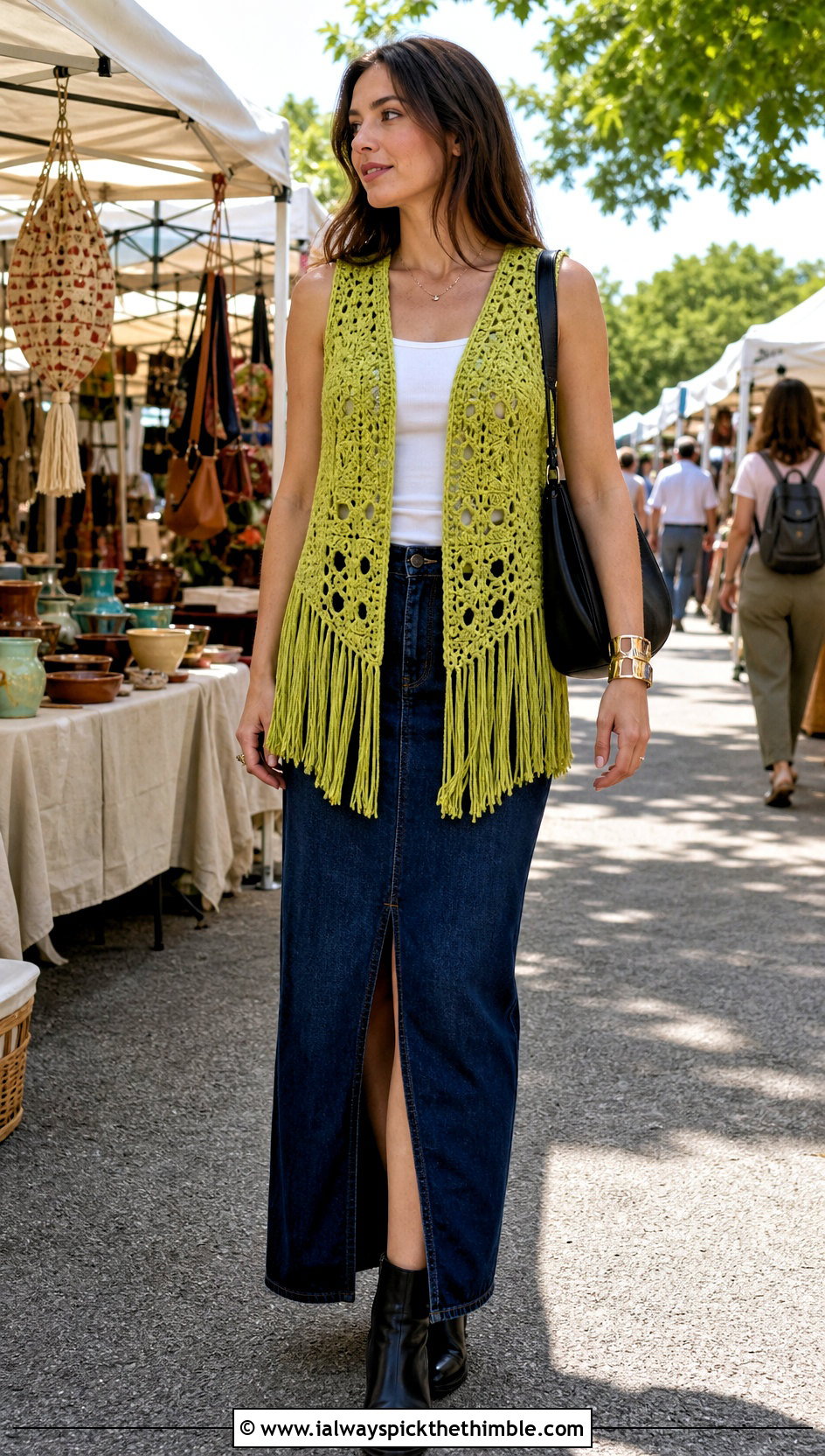 Fringe Vintage Crochet Vest With Denim Maxi Skirt - 20 Vintage Crochet Vest outfit ideas