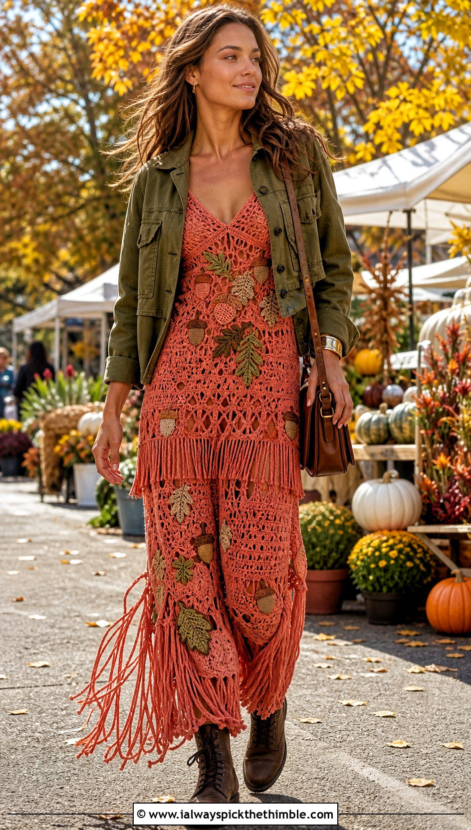 Fringed Acorn Crochet Maxi Dress With Utility Jacket - 15 acorns crochet dress outfit ideas