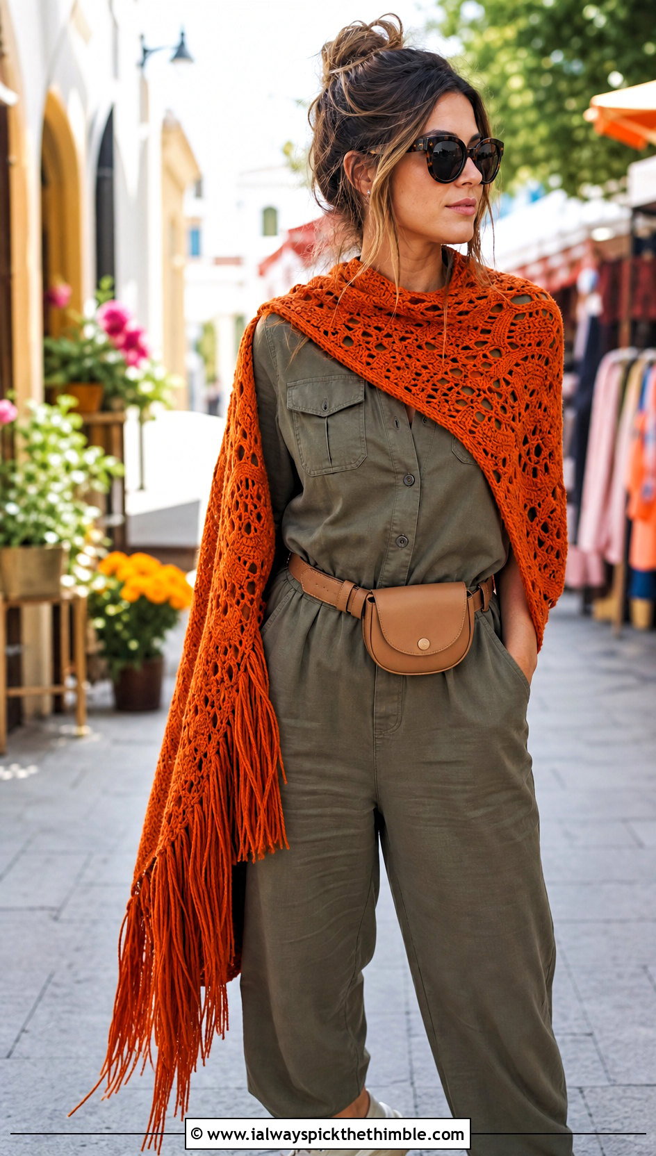 Fringed Asymmetrical Crochet Shawl With Utility Jumpsuit - 20 asymmetrical crochet shawl outfit ideas