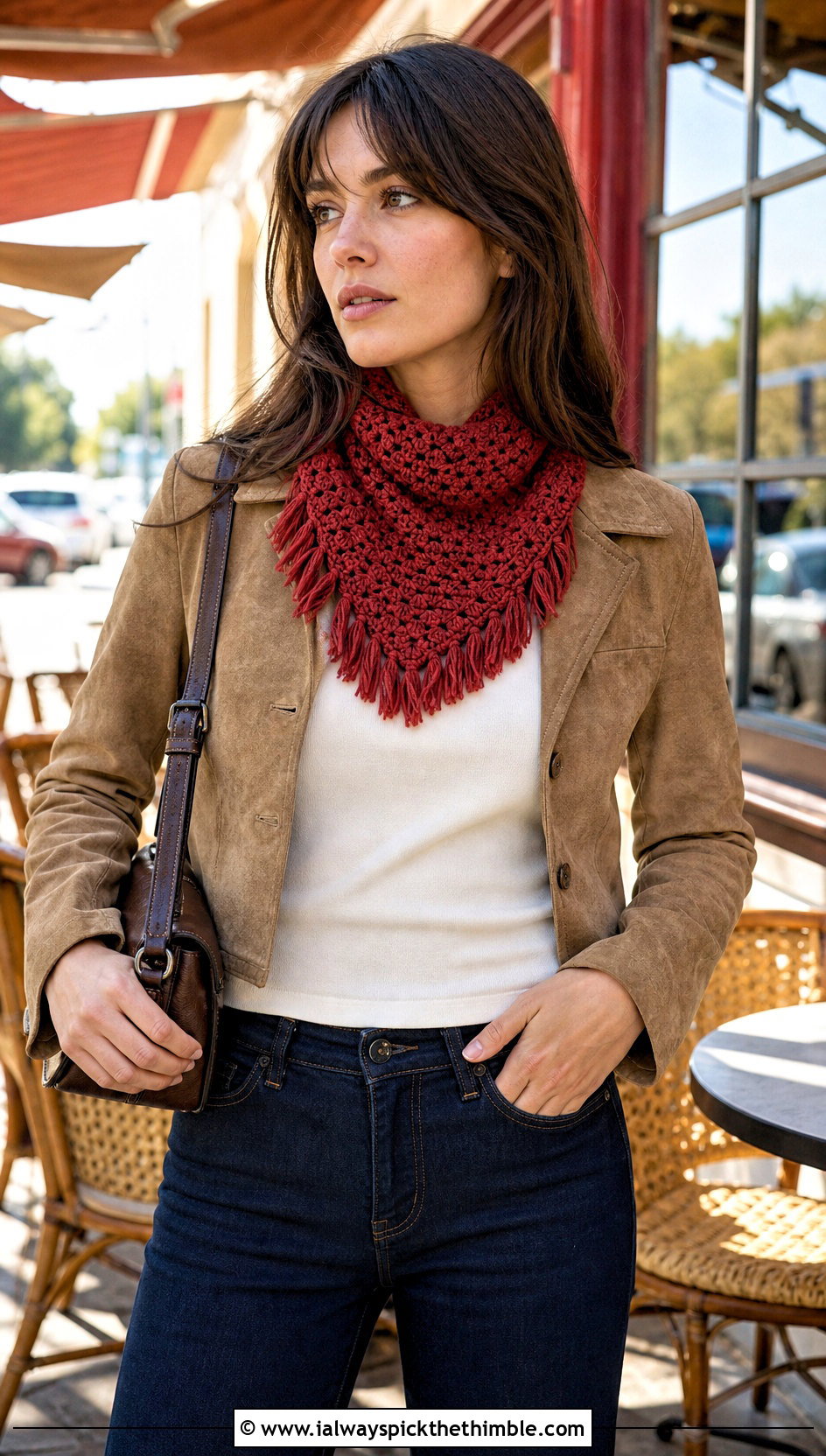 Fringed Bandana Crochet Cowl With Suede Jacket And Bootcut Jeans - 25 crochet neck warmer cowls outfit ideas