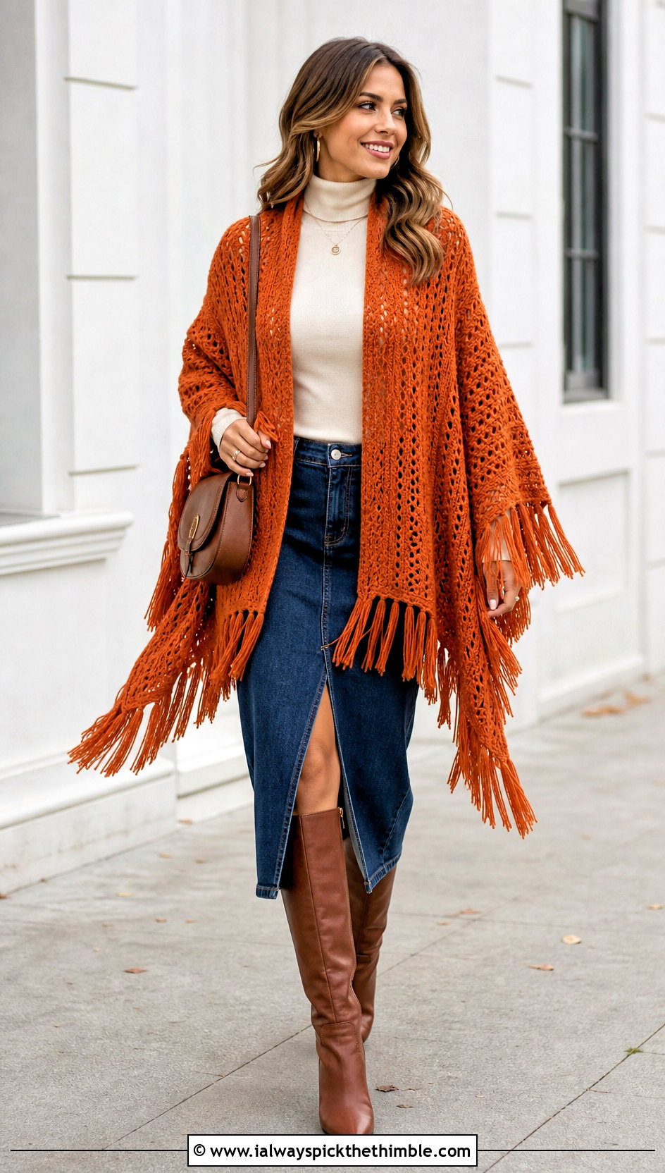 Fringed Blanket Crochet Poncho With Denim Midi Skirt - 15 Blanket Crochet Poncho outfit ideas