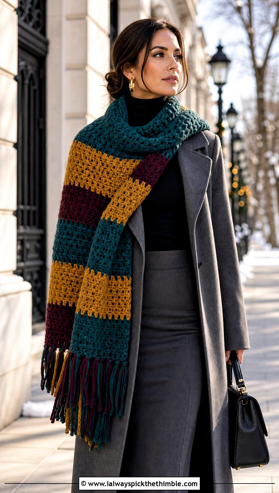 Fringed Blanket Stripe Crochet Scarf With Tailored Coat - 20 Stripe Crochet Scarf outfit ideas