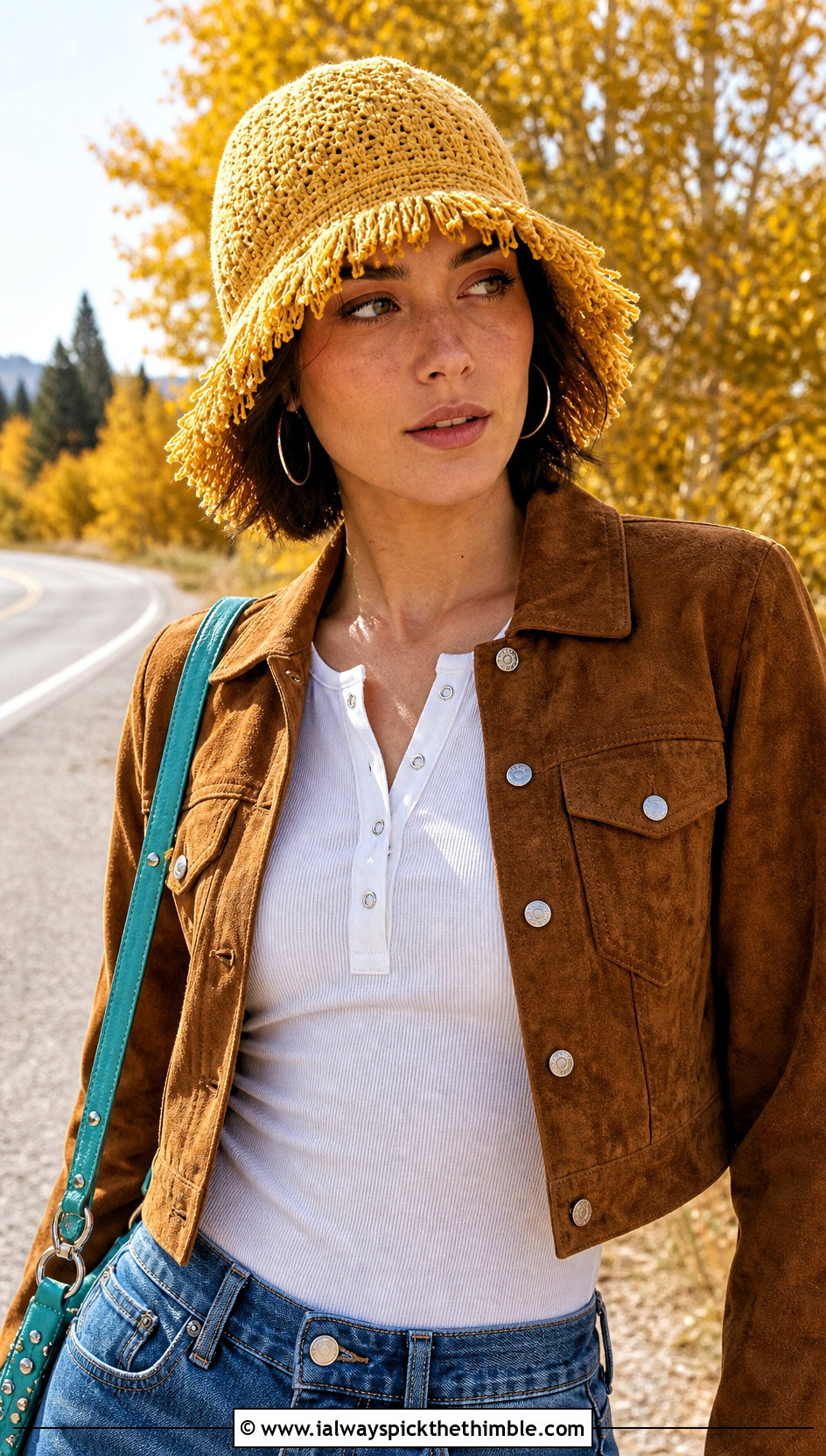 Fringed Brim Lemon Bucket Hat With Suede Jacket And Flared Jeans - 20 Lemon Crochet Bucket Hat outfit ideas