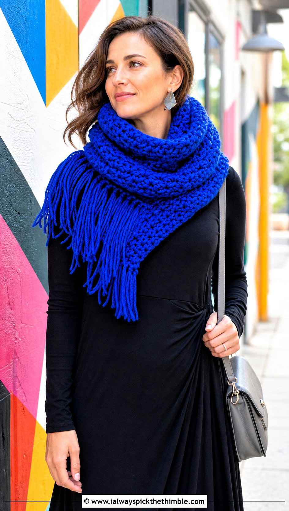 Fringed Bulky Crochet Cowl With Maxi Dress - 20 Bulky Crochet Cowl outfit ideas