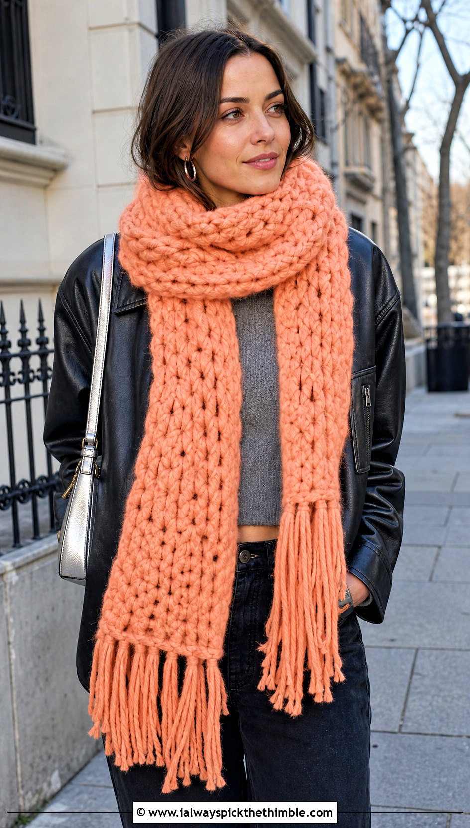 Fringed Bulky Crochet Scarf With Leather Jacket - 20 bulky crochet scarf outfit ideas