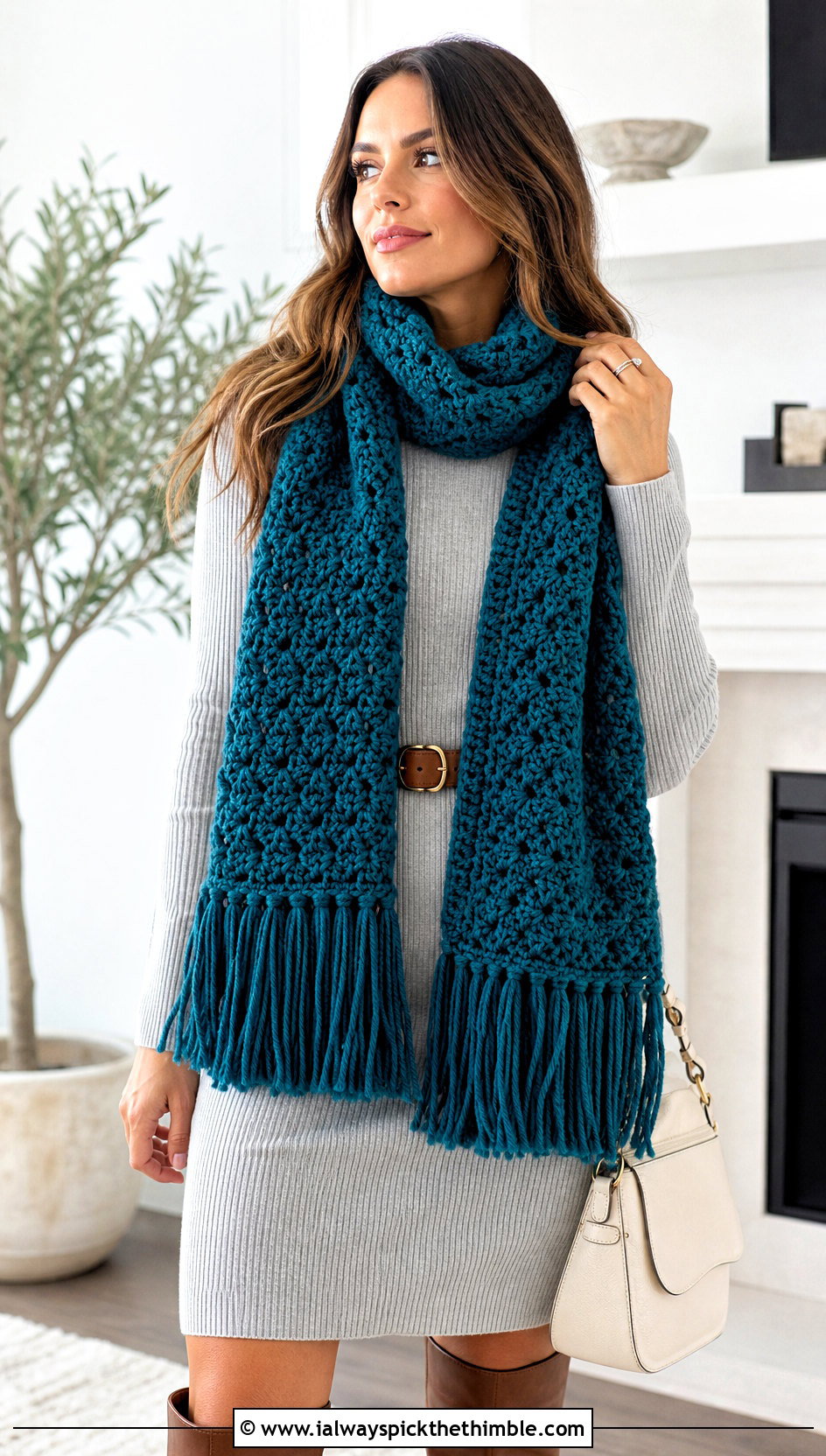 Fringed Bulky Yarn Crochet Scarf With Sweater Dress - 20 bulky yarn crochet scarf outfit ideas