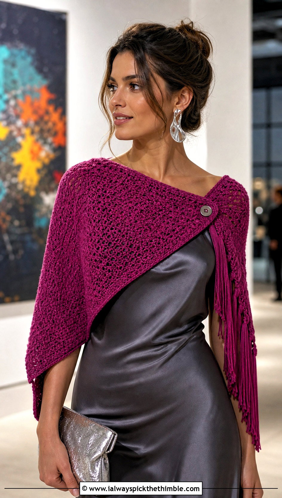 Fringed Button Scarf With Satin Slip Dress - 15 Button Crochet Scarf outfit ideas
