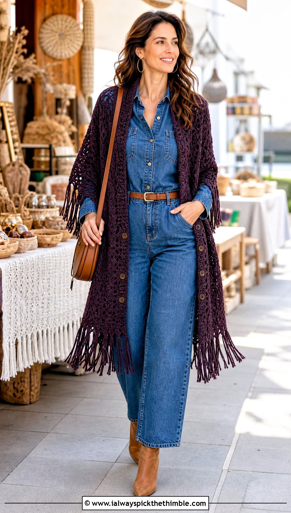 Fringed Buttoned Crochet Shawl With Denim Jumpsuit - 15 Buttoned Crochet Wrap outfit ideas