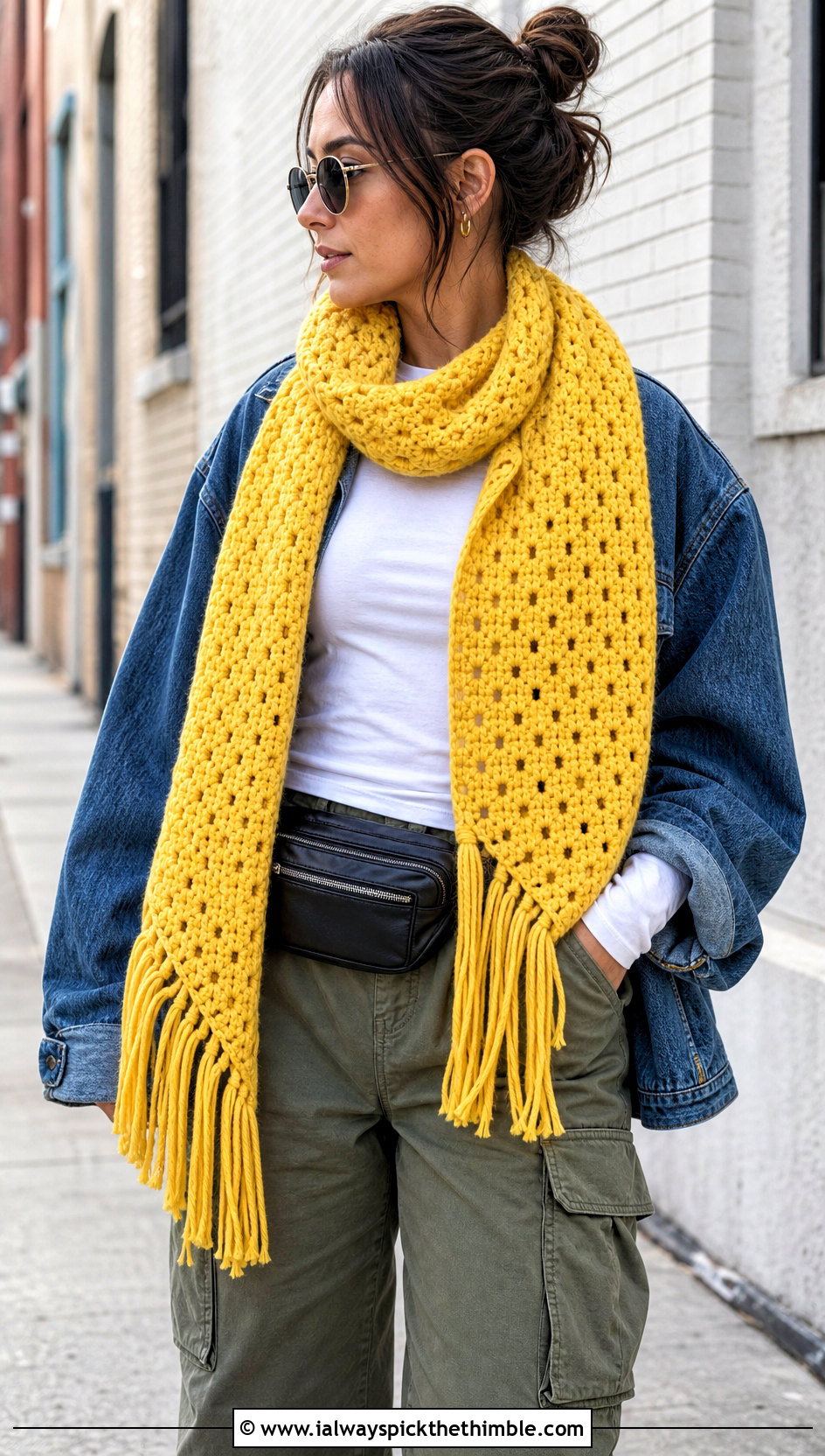 Fringed C2C Scarf With Denim Jacket And Cargo Pants - 25 c2c crochet scarf outfit ideas