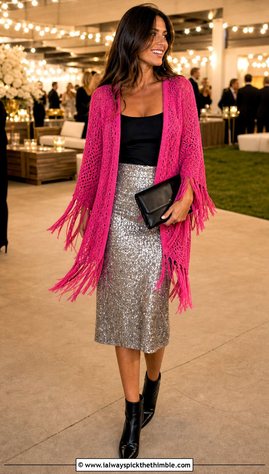 Fringed Campfire Cardigan With Sequin Midi Skirt - 20 crochet campfire cardigan outfit ideas