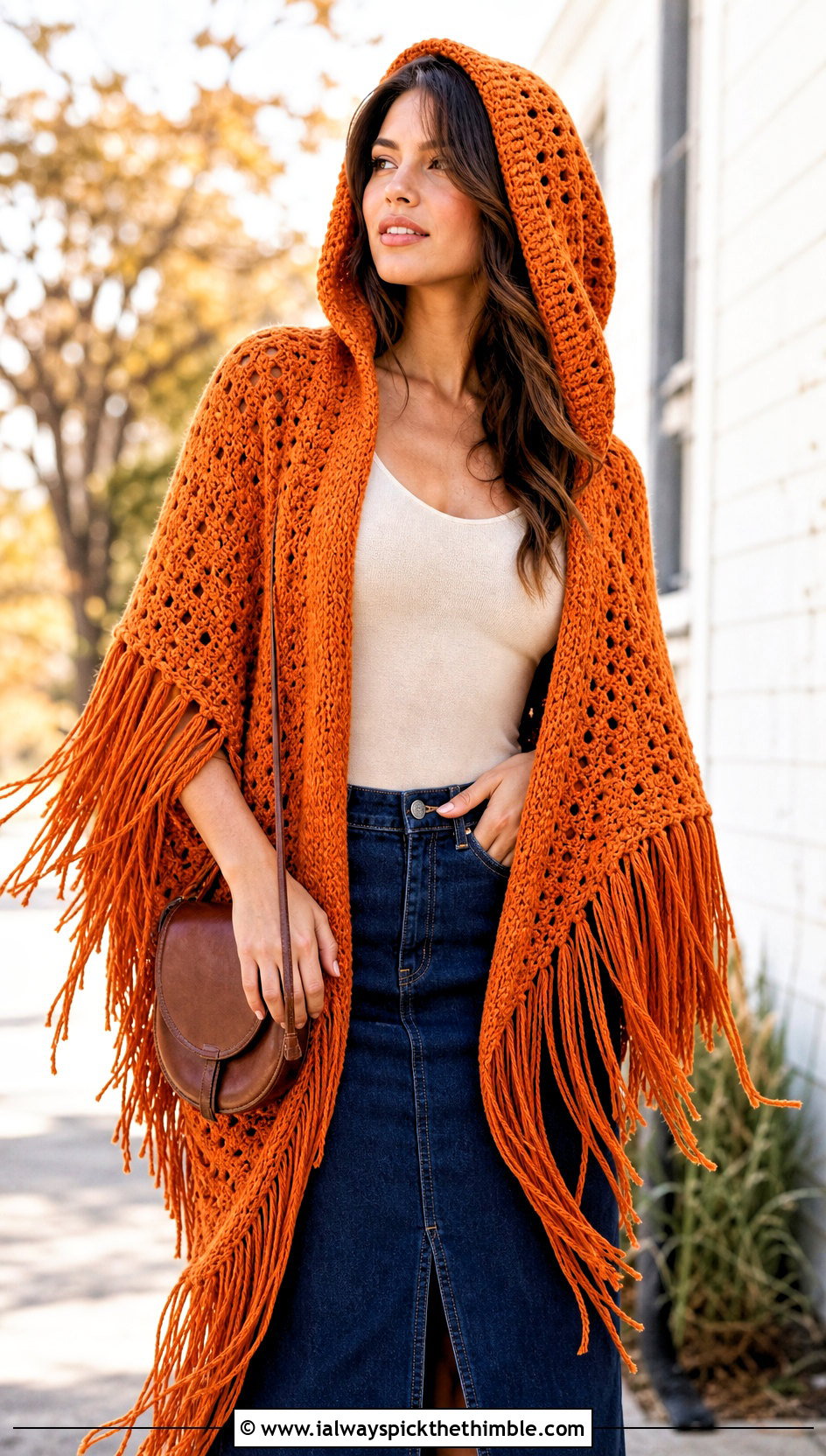 Fringed Cape Crochet Hooded Shawl With Denim Midi Skirt - 25 crochet hooded shawl outfit ideas