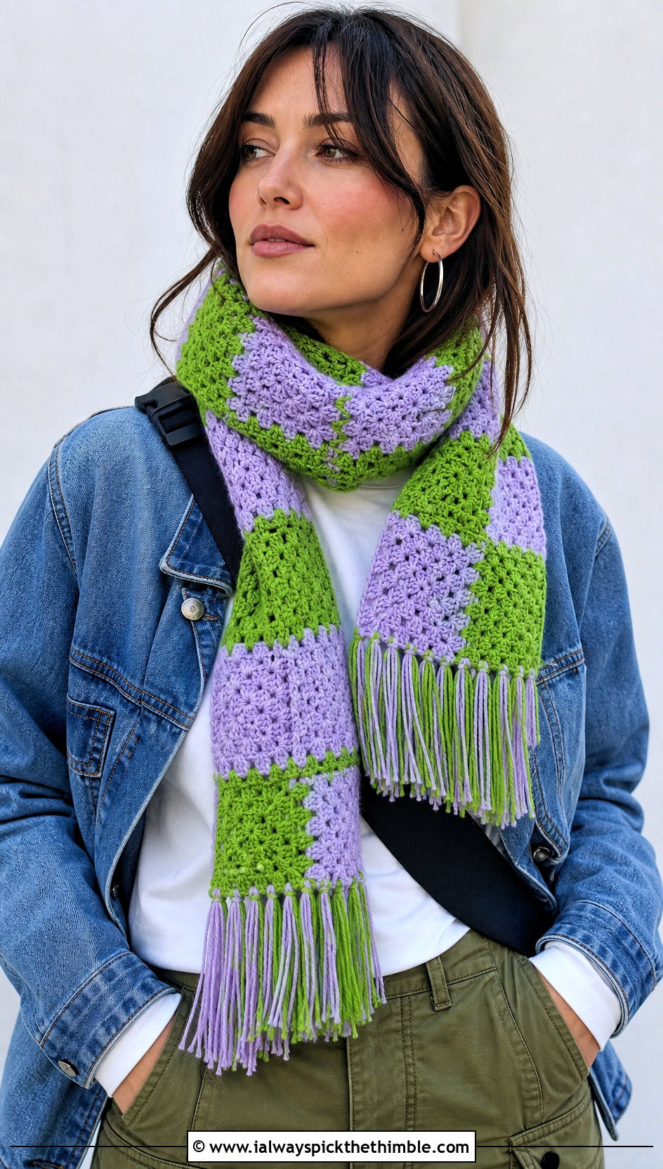 Fringed Checkered Crochet Scarf With Denim Jacket - 20 Checkered Crochet Scarf outfit ideas